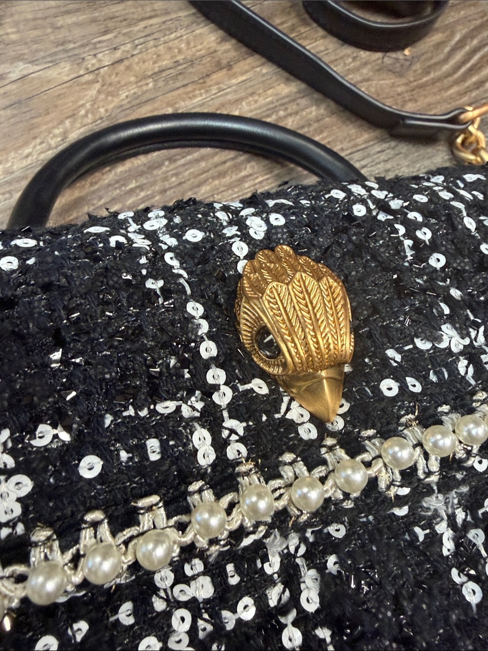 Kurt Geiger Tweed Black White Kensington Sequin Pearl Trim Handbag Purse - Picture 3 of 11